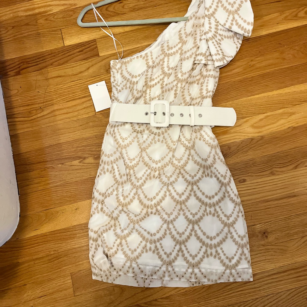 Never Worn! Elegant One-Shoulder Off White And Tan Dress